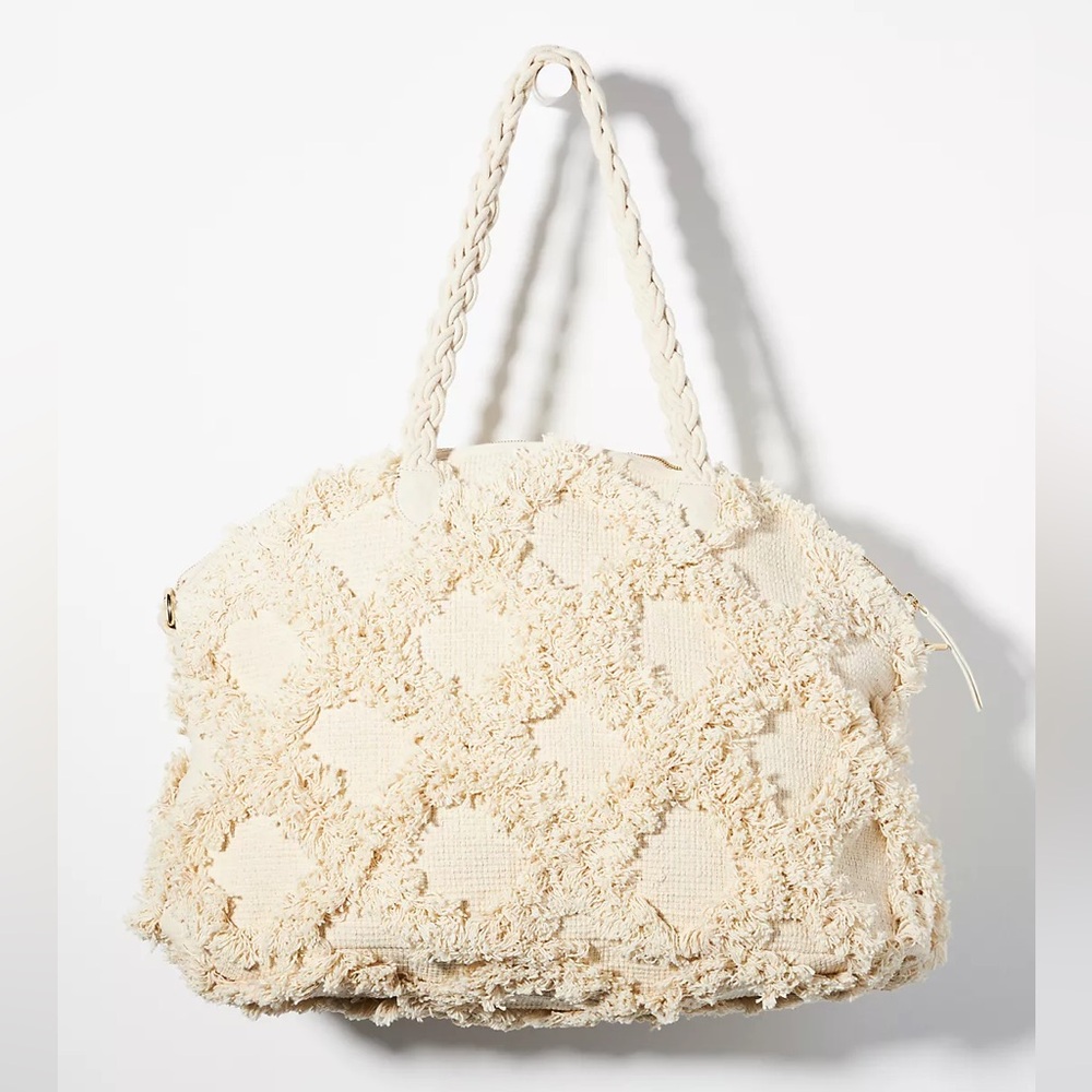 Anthropologie Trellis Weekender Tote Fringe Cream Large Oversized Travel Bag